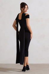 Black Strappy Midi Dress With Drape